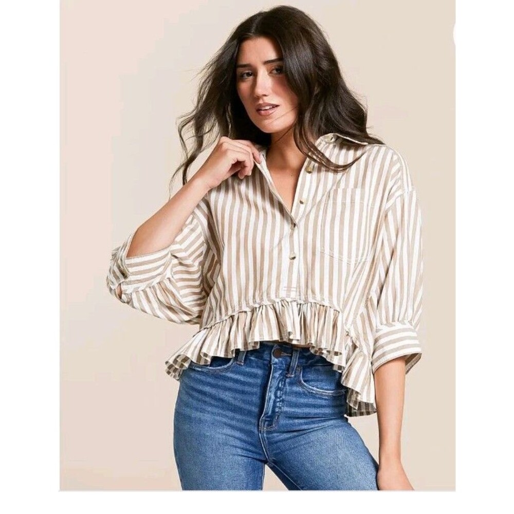 Free People We The Free Bailey Stripe Ruffle Shirt Neutral Combo Boho Chic Sz M